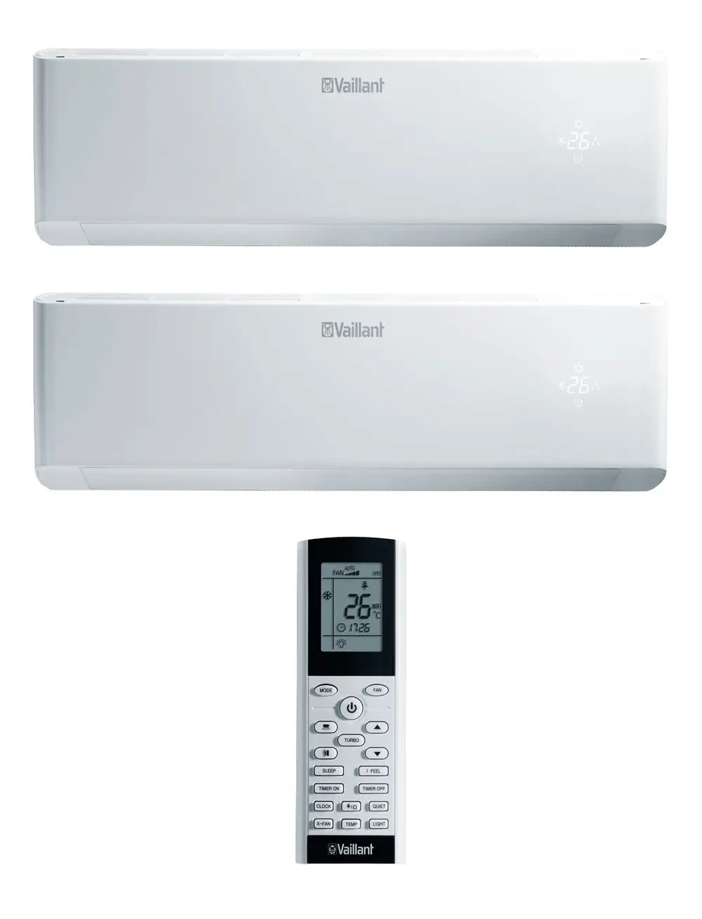 Zwei weiße Inneneinheiten von Vaillant mit digitaler Temperaturanzeige, darunter eine Fernbedienung zur Steuerung der Geräte.